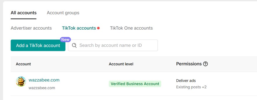 Статус Verified Business Account у аккаунта wazzabee.com после верификации аккаунта в TikTok